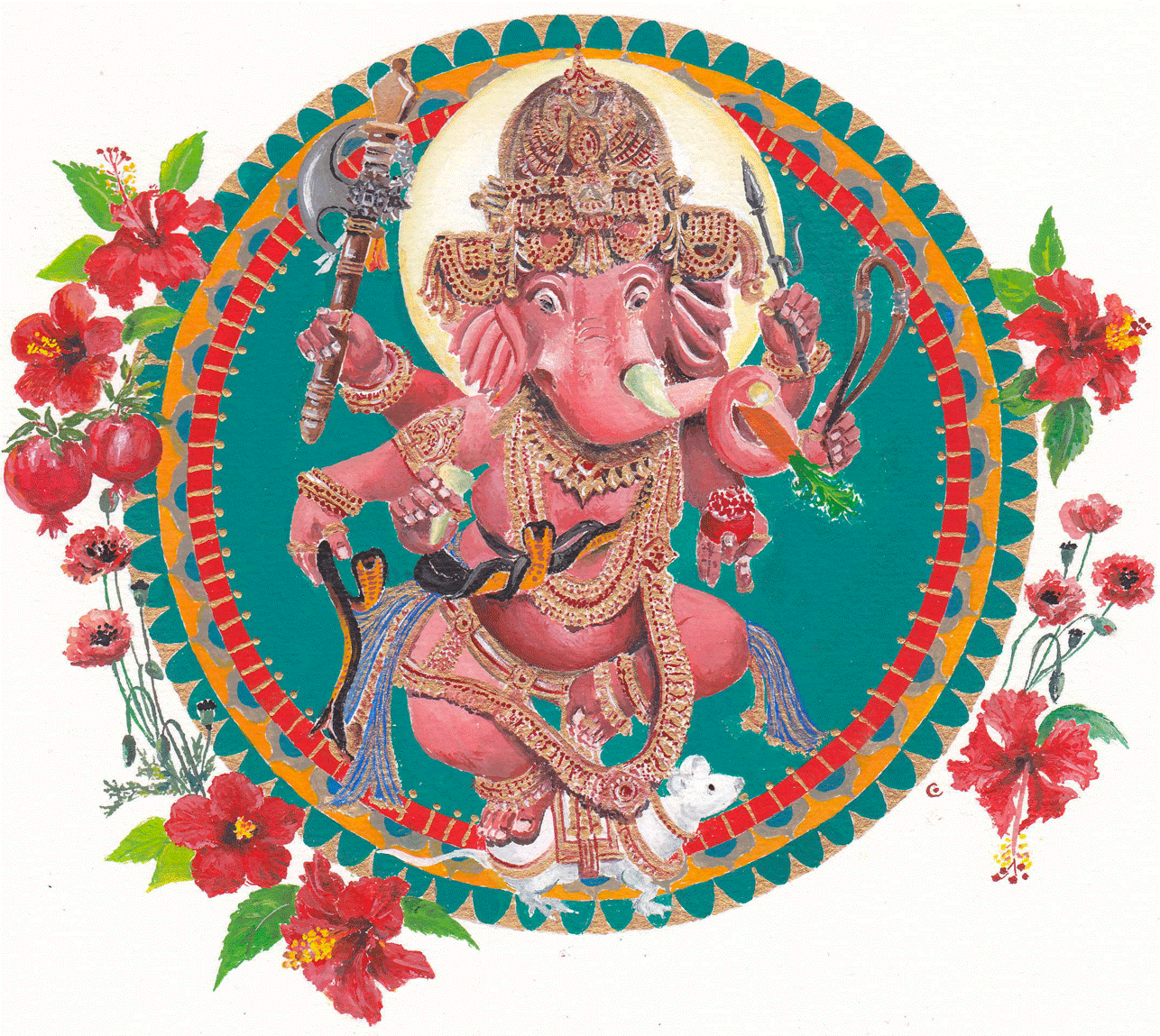 Dieu Ganeshaprotecteur de l’école de yoga-Institut du Yoga Traditionnel Illustration de Ganesha Dieu à tête d'éléphant dans un mandala entouré de fleurs